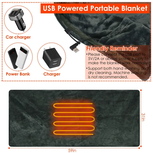 USB Heated Blanket Electric Heated Blanket Heated Poncho Shawl Wrap Throw With Zipper Washable For Home Office 59*31in