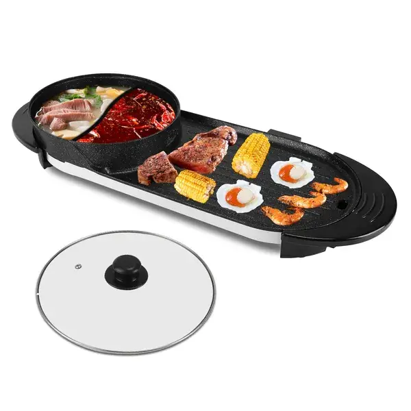 2 In 1 Electric Hot Pot With BBQ Grill Cooker 2200W Smokeless Non-Stick Korean BBQ Grill Shabu Shabu Hot Pot With Independent Temperature Control 5 Gears Firepo