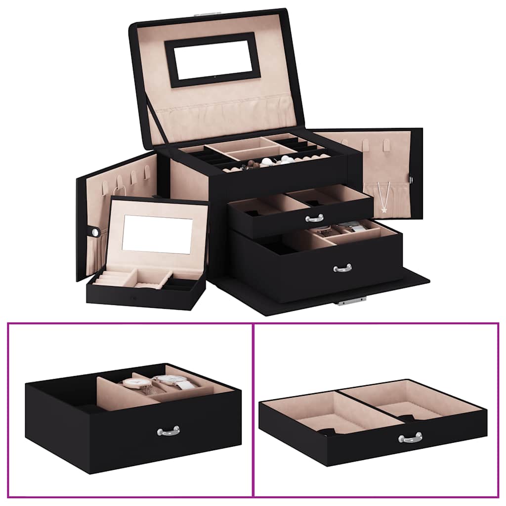   3-Tier Jewelry Box with Mirror, Lockable in Black