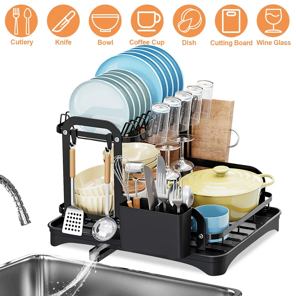 2-Tier Dish Drying Rack For Kitchen Counter Space Saving Rustproof Dish Rack With Drainboard Detachable Kitchen Drainer Organizer Set_voghion.com