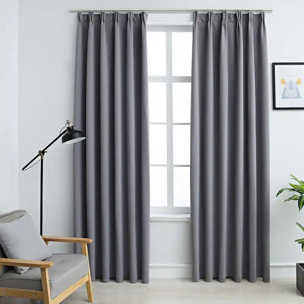 Blackout Curtains with Metal Hooks for Curtain Tracks — Gray, 140 x 245 cm