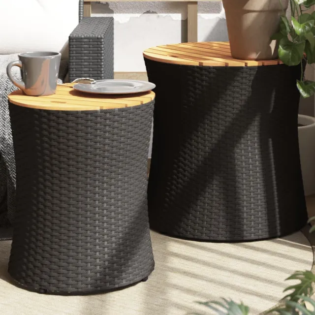 Garden Side Tables, Set of 2, with Wooden Top and Poly Rattan Black - Shop at LoveMi