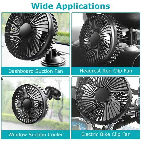 Car Cooling Fan Portable Rotatable USB Vehicle Fan Backseat Clip Fan Dashboard Window Suction Fan For SUV RV Pickup With 3 Speeds