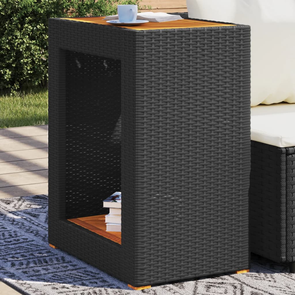 Garden Side Table with Wooden Top, Poly Rattan Black - Shop at LoveMi