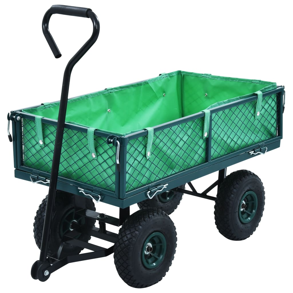 Robuster Handwagen – Grün/Schwarz, Stahlkonstruktion, zu öffnende Seitenwände, strapazierfähige Luftreifen, gepolsterter Griff, ideal für Gartenarbeiten_voghion.com