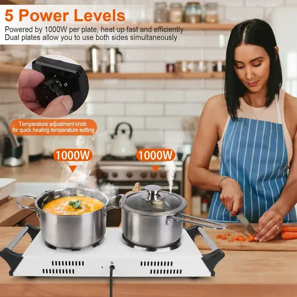 2000W Electric Dual Burner Portable Coil Heating Hot Plate Stove Countertop RV Hotplate With 5 Temperature Adjustments Portable Handles