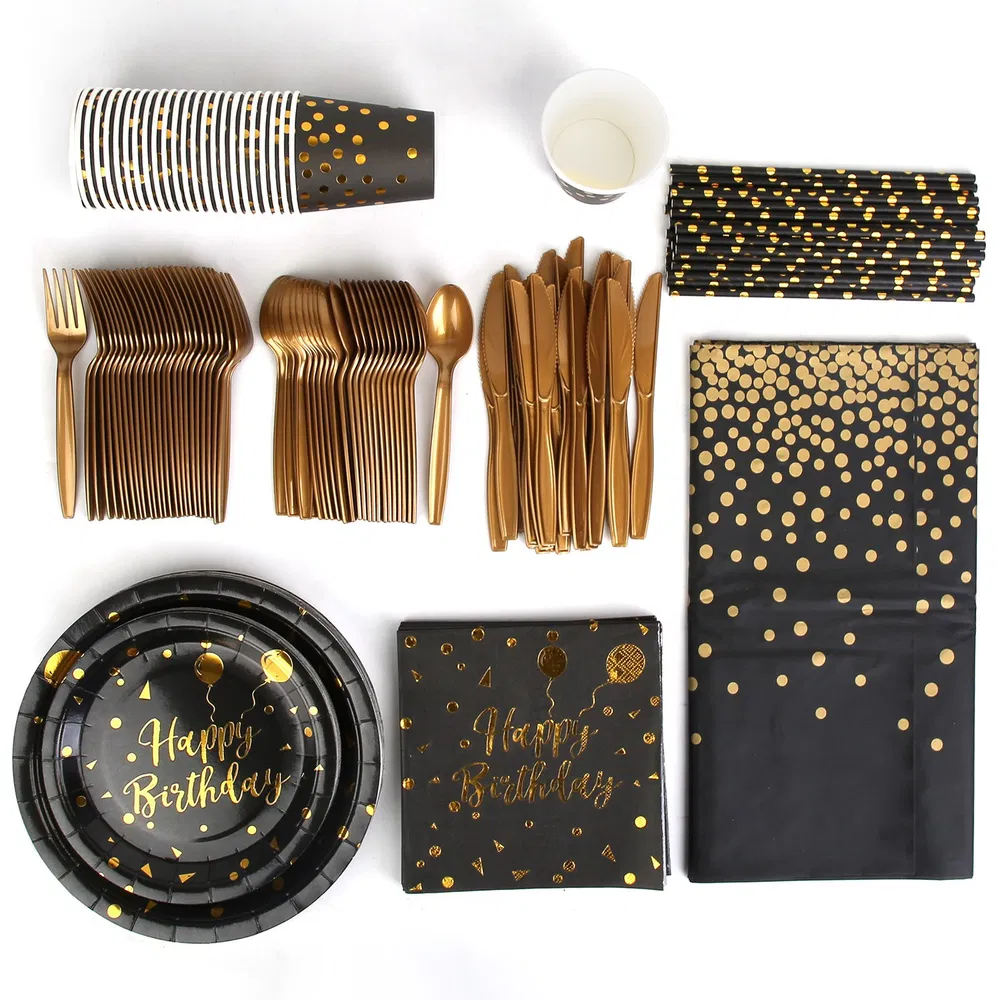 201PCS Black Gold Birthday Party Supplies For 25 Guests Happy Birthday Disposabl