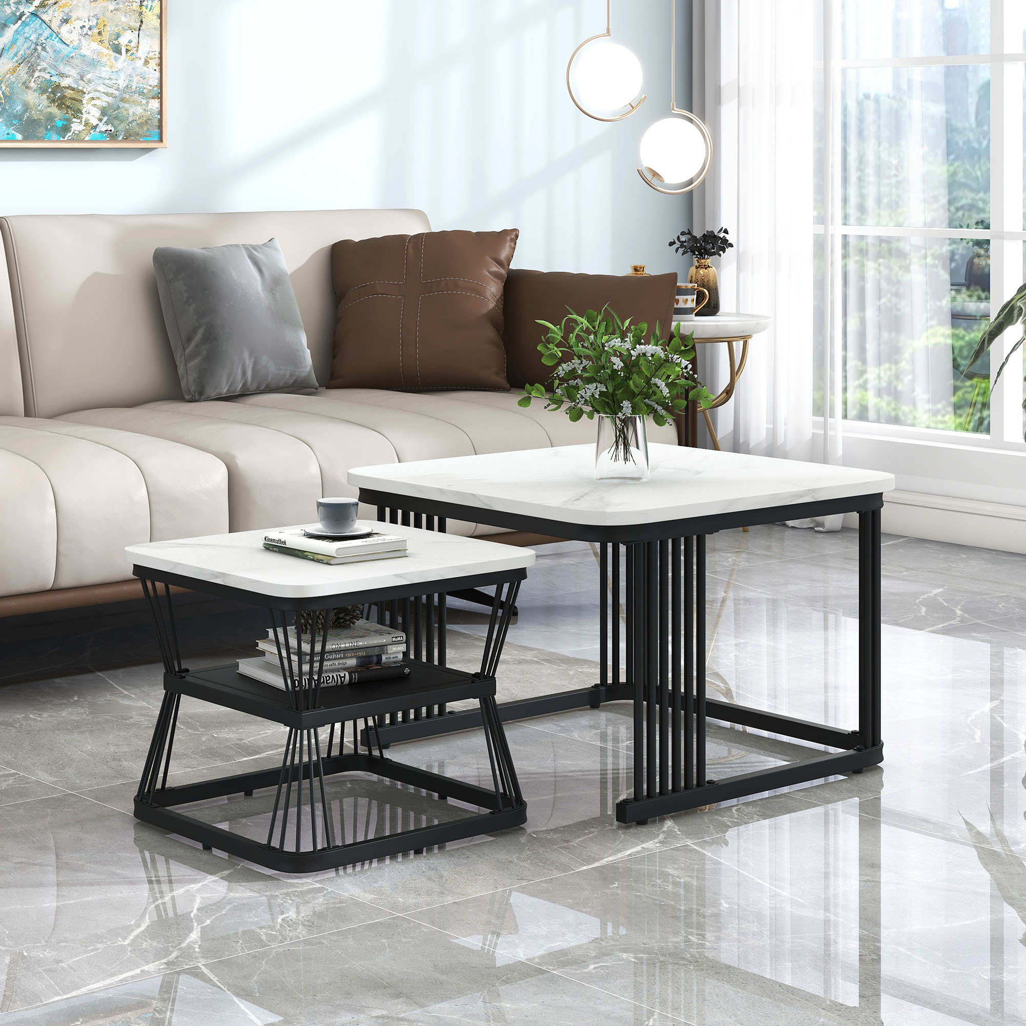 Effortless Style: Square Marble Effect Nesting Coffee Tables