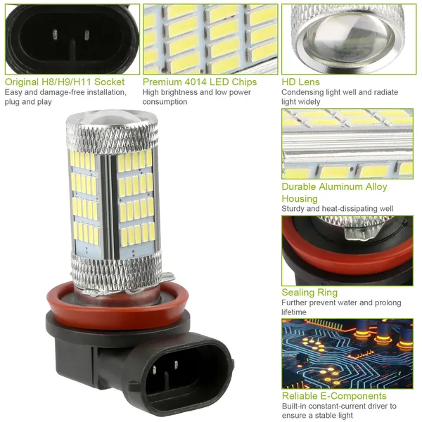 2PCS 800lm H8/H9/ H11 LED Fog DRL Light Bulb IP65 Water-Resistant 360° Beam Angle 6000K White