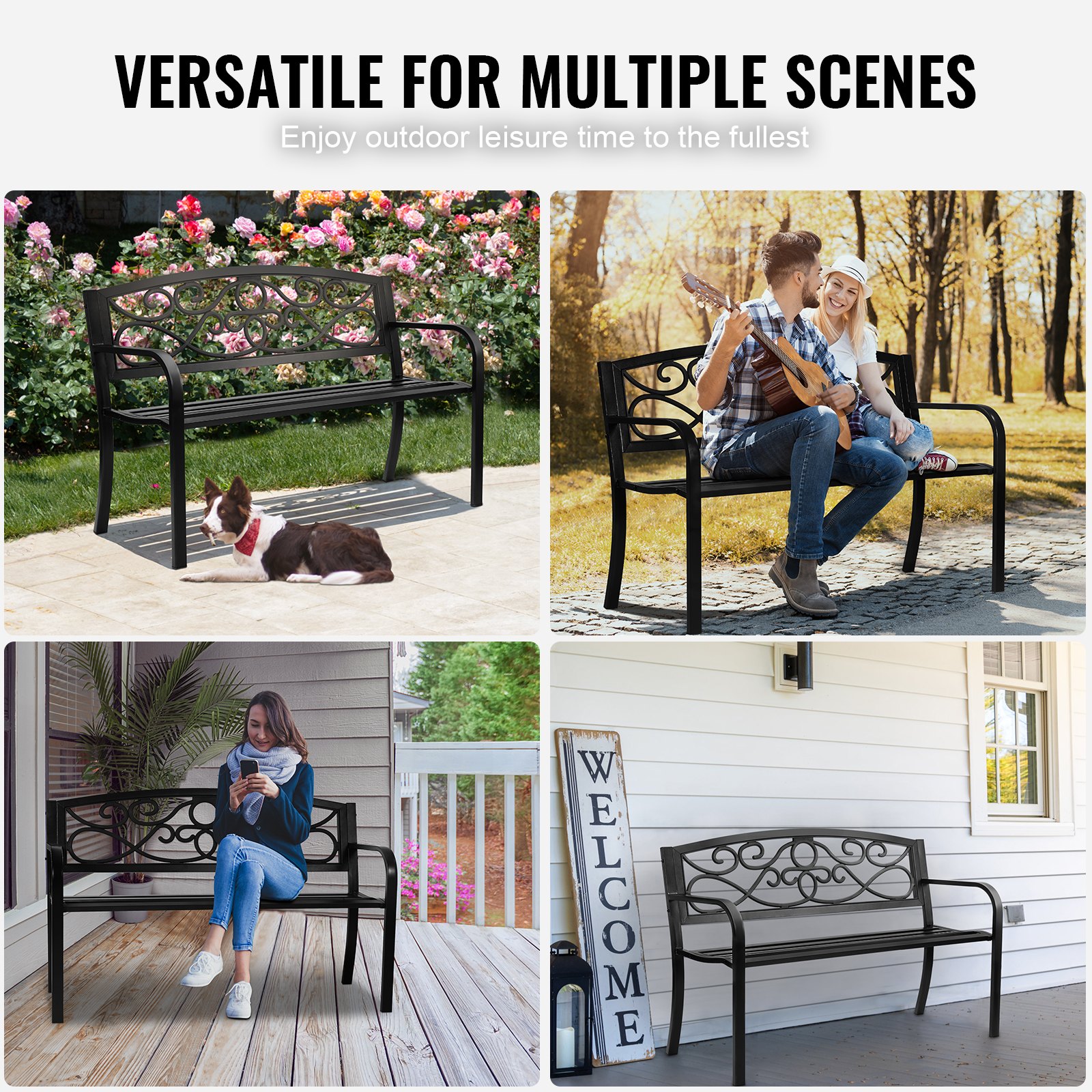 Classic metal garden bench with floral scrollwork backrest in a garden setting