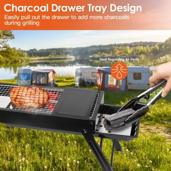 Folding Charcoal BBQ Grill Stainless Steel Grill With Shelf Net Easy Setup For Camping Picnic Outdoor Party Backyard