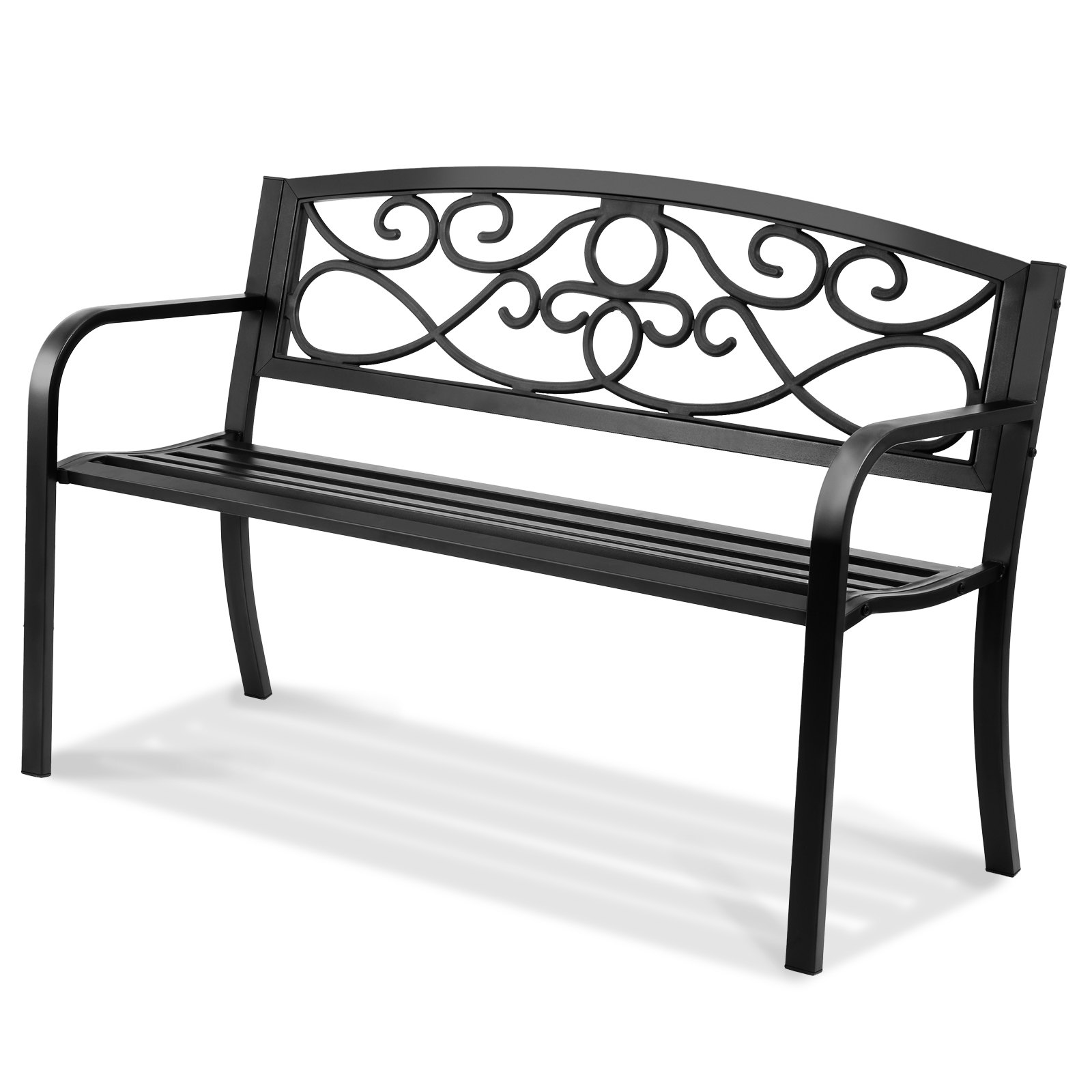 Outdoor metal bench positioned along a garden path as a resting point