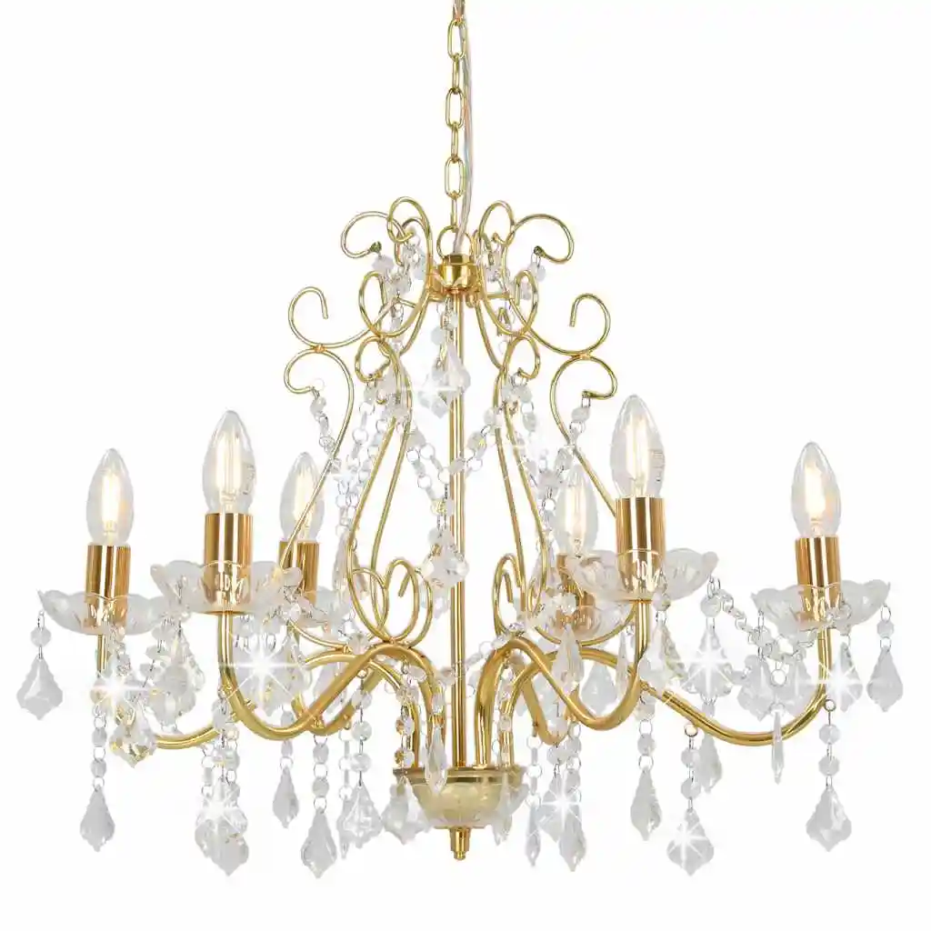 Chandelier with Crystal Beads, Golden, Round, 6 x E14