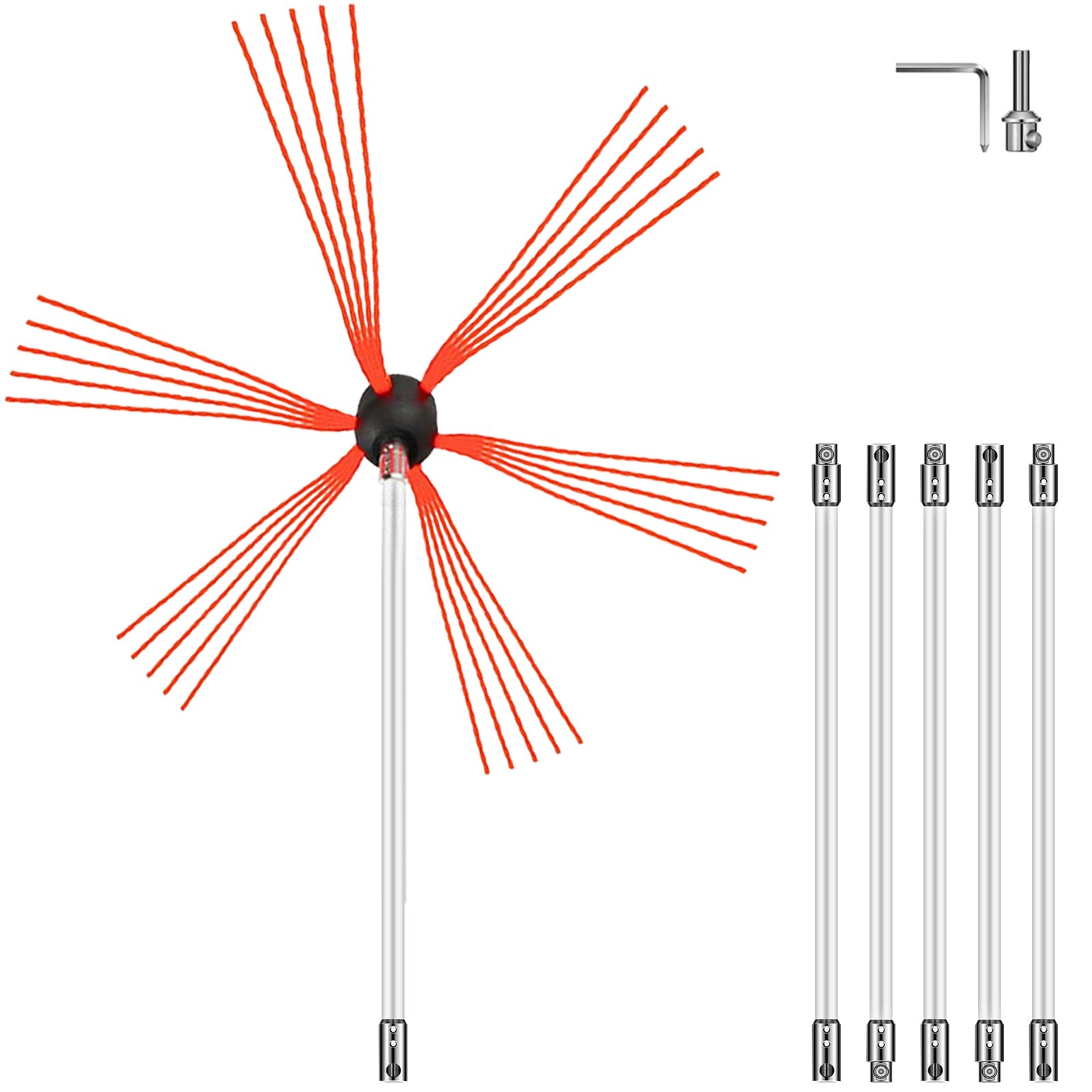 Flexible Chimney Sweep Rods, 609.6 Cm Chimney Cleaning Kit, Nylon Sooteater Chimney Cleaning Kit Flexible Brush Head Chimney Sweeping Rods Easy Connecting Chimney Brush With 6 White Rods