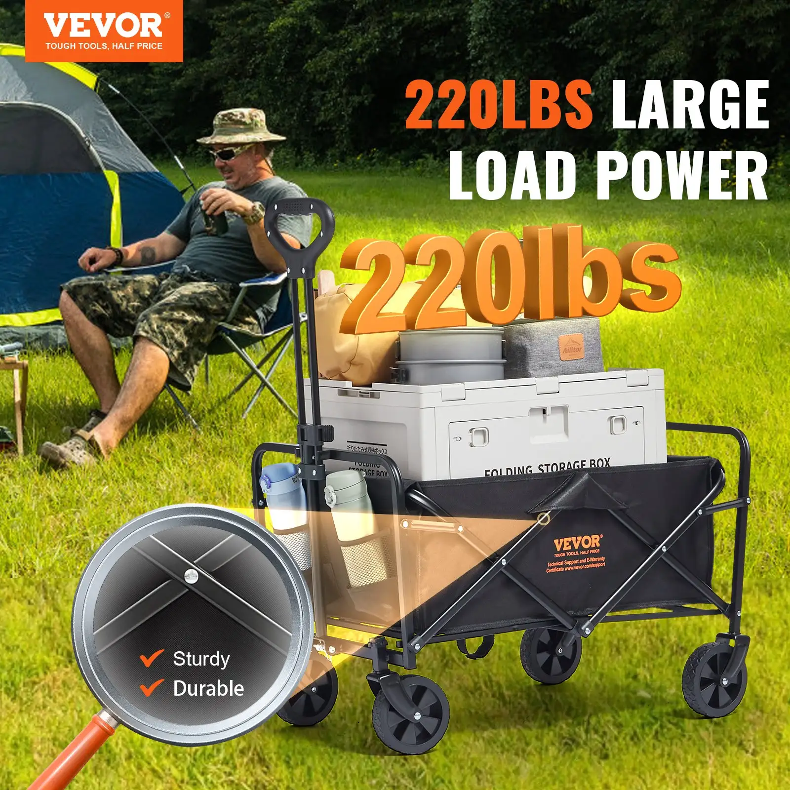 Collapsible Folding Wagon, 0.057 M Beach Wagon Cart With All-Terrain 12.7 Cm Wheels, Heavy Duty Folding Wagon Cart 99.8 Kg Weight Capacity With Drink Holders, S