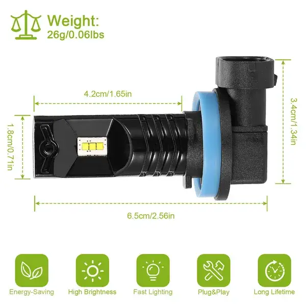 2PCS 600lm 80W H8/H9/H11 LED Fog DRL Light Bulb IP68 Waterproof 6000K White Fog Light