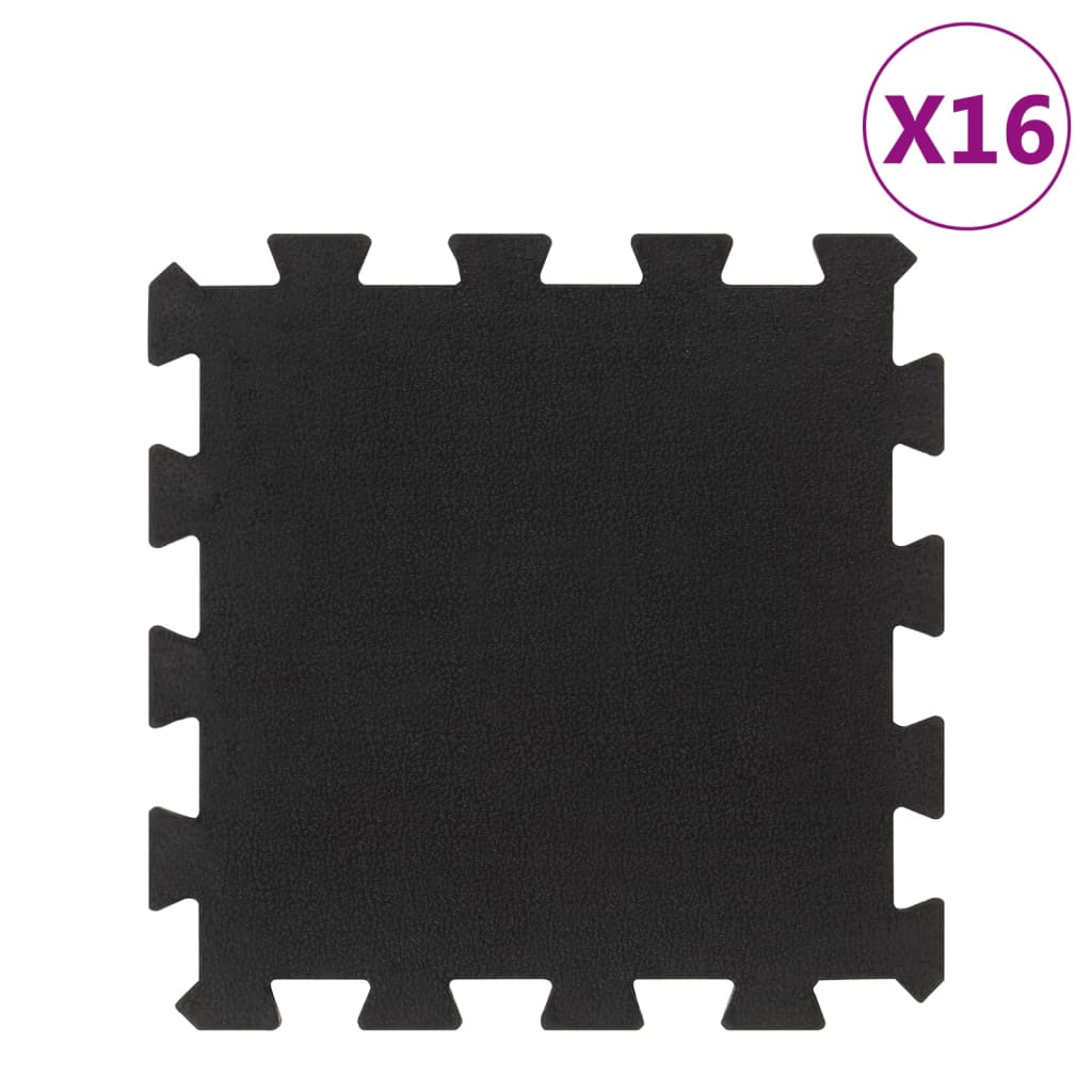   Rubber Floor Tiles, 16 Pieces, Black, 16 mm, 30x30 cm