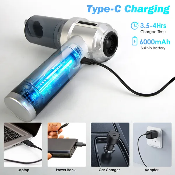 Cordless Car Vacuum Cleaner Portable Handheld Vacuum With 20000PA Suction Brushless Motor 3 Suction Levels Type-C Rechargeable Compressed Air Duster Blower For Home Car Camp Office