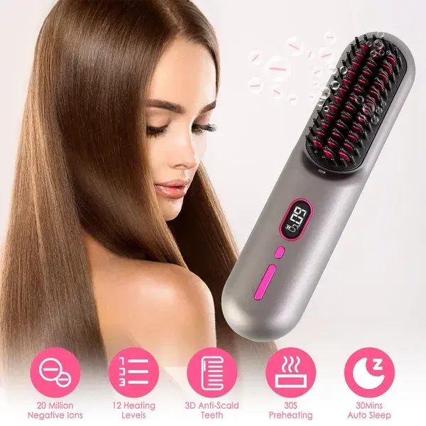 Cordless Negative Ion Hair Straightener Brush Rechargeable
