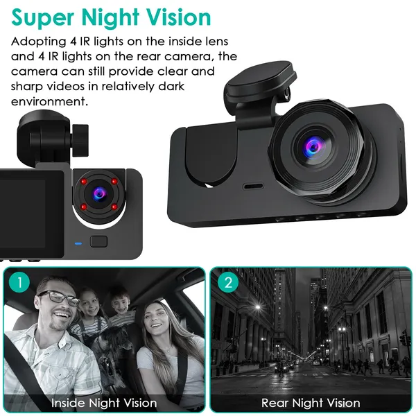 3 Channel Dash Cam Front Inside Rear Vehicle Driving Recorder Car DVR With 32G MMC Card G Sensor Motion Detection Parking Monitor Night Vision Loop Recording