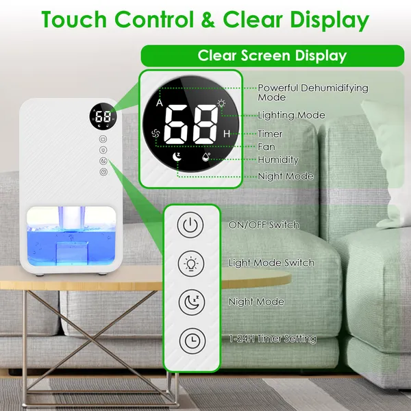 37.2OZ Dehumidifier Indoor Portable Small Dehumidifier With Sleep Mode 1-24H Timer 7-Color Lighting 950sq.ft Coverage Touch Control For Home Bathroom Basement Closet RV Bedroom