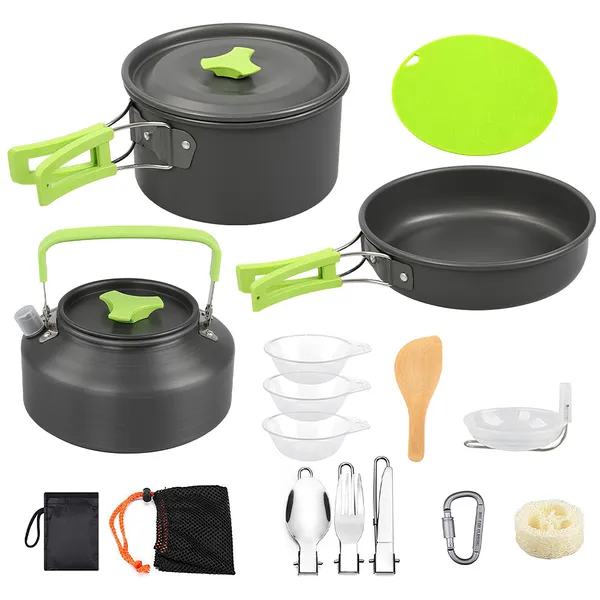Set Of 16Pcs Camping Cooking Ware Camping Stove Cookware Kit Aluminum Kettle With Bowls Knife Fork Spoon Carabiner Spatula Cutting Board For Hiking Picnic Outdoor