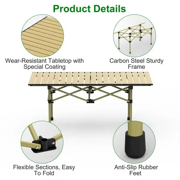 Folding Camping Table Portable Lightweight Carbon Steel Roll-up Picnic BBQ Desk With Carry Bag Heavy Duty For Outdoor Beach Backyard Party Patio Camping Hiking 