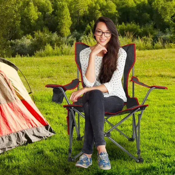 Foldable Camping Chair 330LBS Load Heavy Duty Steel Lawn Chair Collapsible Chair With Reclining Backrest Angle Cup Holder Pillow Side Pocket Carry Bag