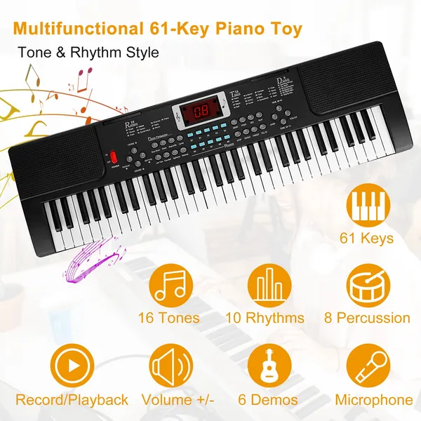 61 Keys Digital Music Electronic Keyboard Electric Musical Piano Instrument Kids Learning Keyboard W/ Stand Microphone