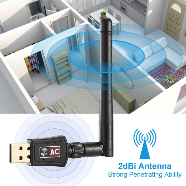 USB WiFi Adapter AC600Mbps 5G/2.4G Dual Band 802.11ac Wireless Network Adapter W/ 2dBi External Antennas For PC Desktop Laptop