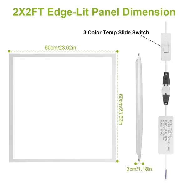 2Pcs 72W 2×2FT LED Panel Light 3800LM Flat Ceiling Light With 3 Lighting Color Temperature Equivalent LED Troffer Recessed Edge-Lit Switchable CCT 110V-260V GPCT1664