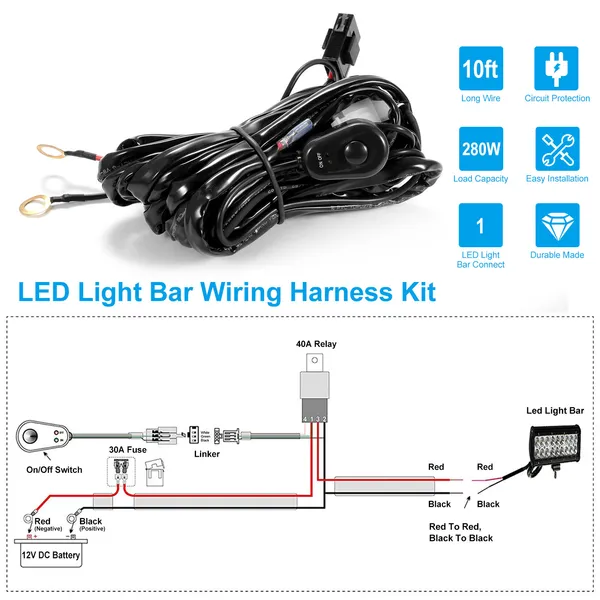 LED Light Bar Wiring Harness Kit 280W 12V 40A Power Relay Fuse On Off Switch 10ft Length Universal Fitment Light Bar Accessories - Image 3