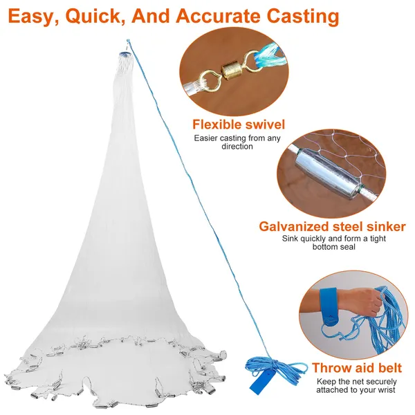 Fishing Cast Net Bait Trap Easy Throw Heavy Duty Hand Cast Net With Chain Sinker Bottom Spread