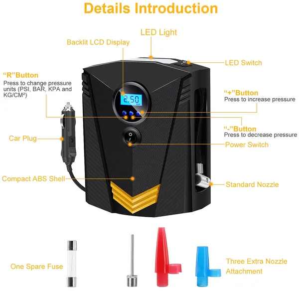 Tire Inflator 12V DC 100W 150PSI Digital Tire Pump W/LCD Display Electric Air Compressor Pump 20L/Min Air Flow - Image 4