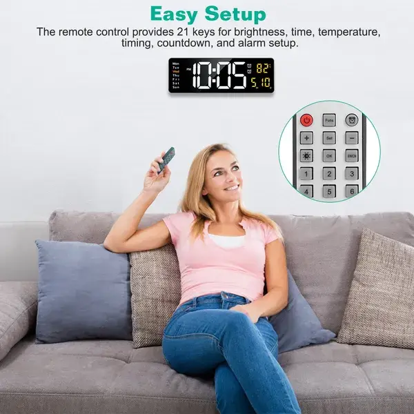 15.7in LED Digital Wall Clock With Remote Control 10 Level Brightness 3 Alarm Settings 12 24Hr Format Timing Countdown Temperature Calendar Display