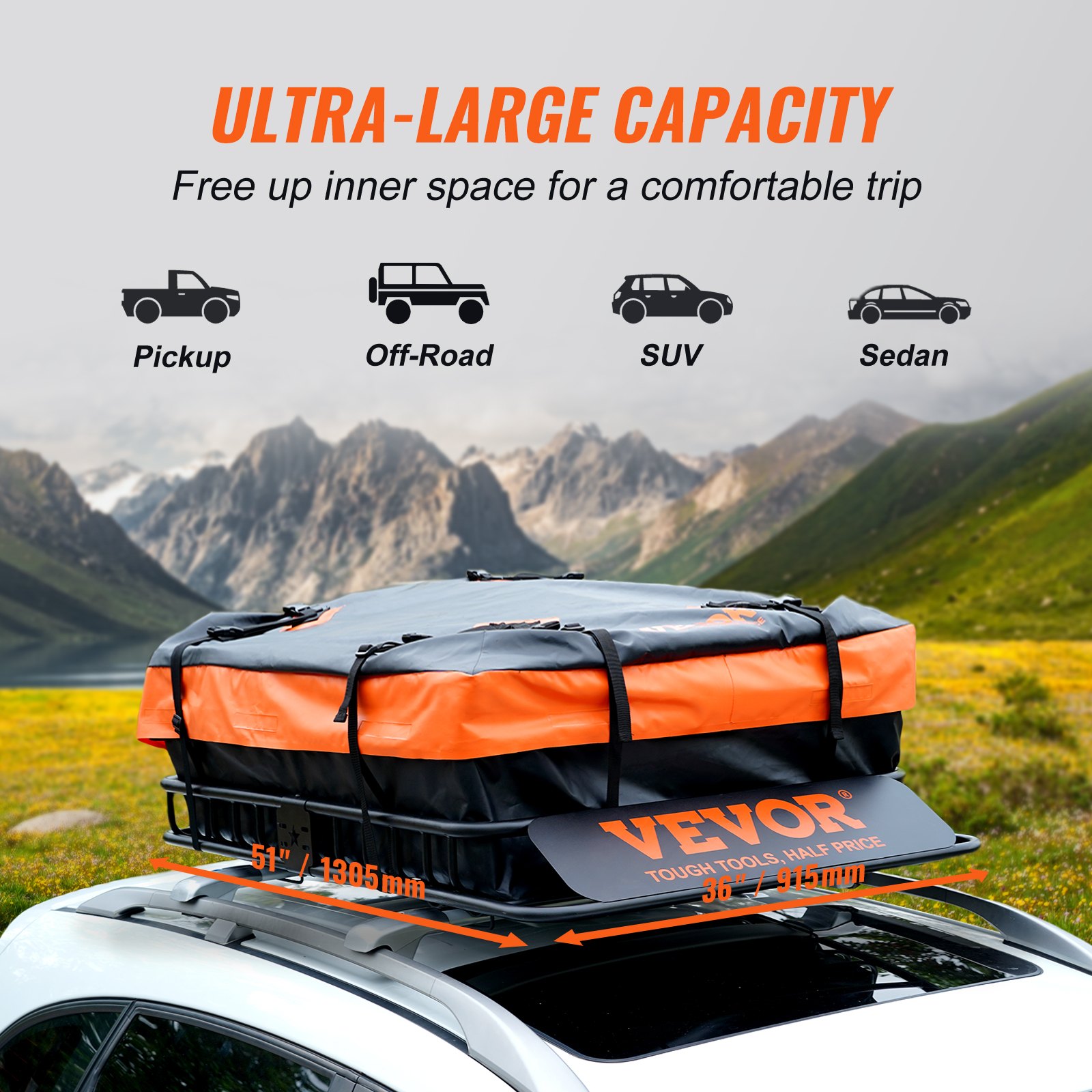 Roof Rack Cargo Basket, 130.5 X 91.5 X 12.7 Cm Rooftop Cargo Carrier W 15 Cu Ft Waterproof Cargo Bag, 90 Kg Capacity Universal Rack Carrier For SUV, Truck - Image 10