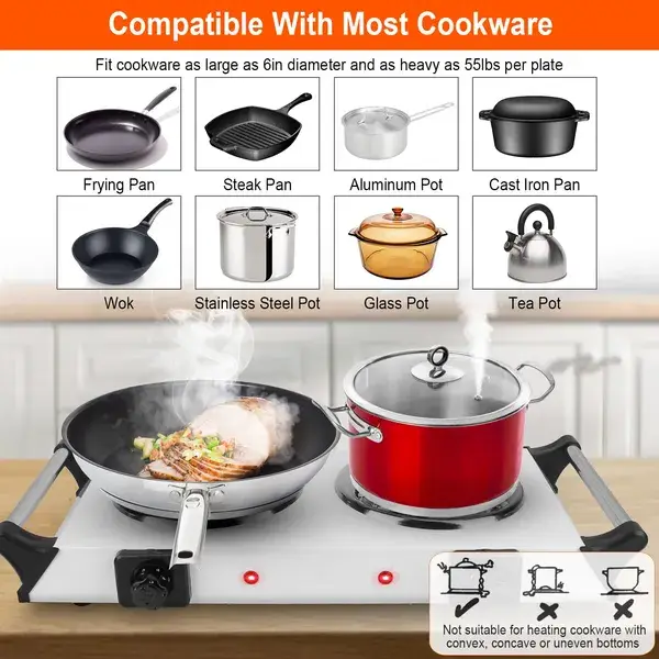 2000W Electric Dual Burner Portable Coil Heating Hot Plate Stove Countertop RV Hotplate With 5 Temperature Adjustments Portable Handles