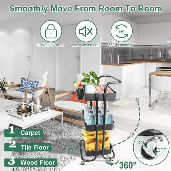 3 Tier Rolling Utility Cart Movable Storage Organizer With Mesh Baskets Lockable Wheels 360 Degree Rotatable Hanging Box Hooks Bedroom Bathroom Kitchen