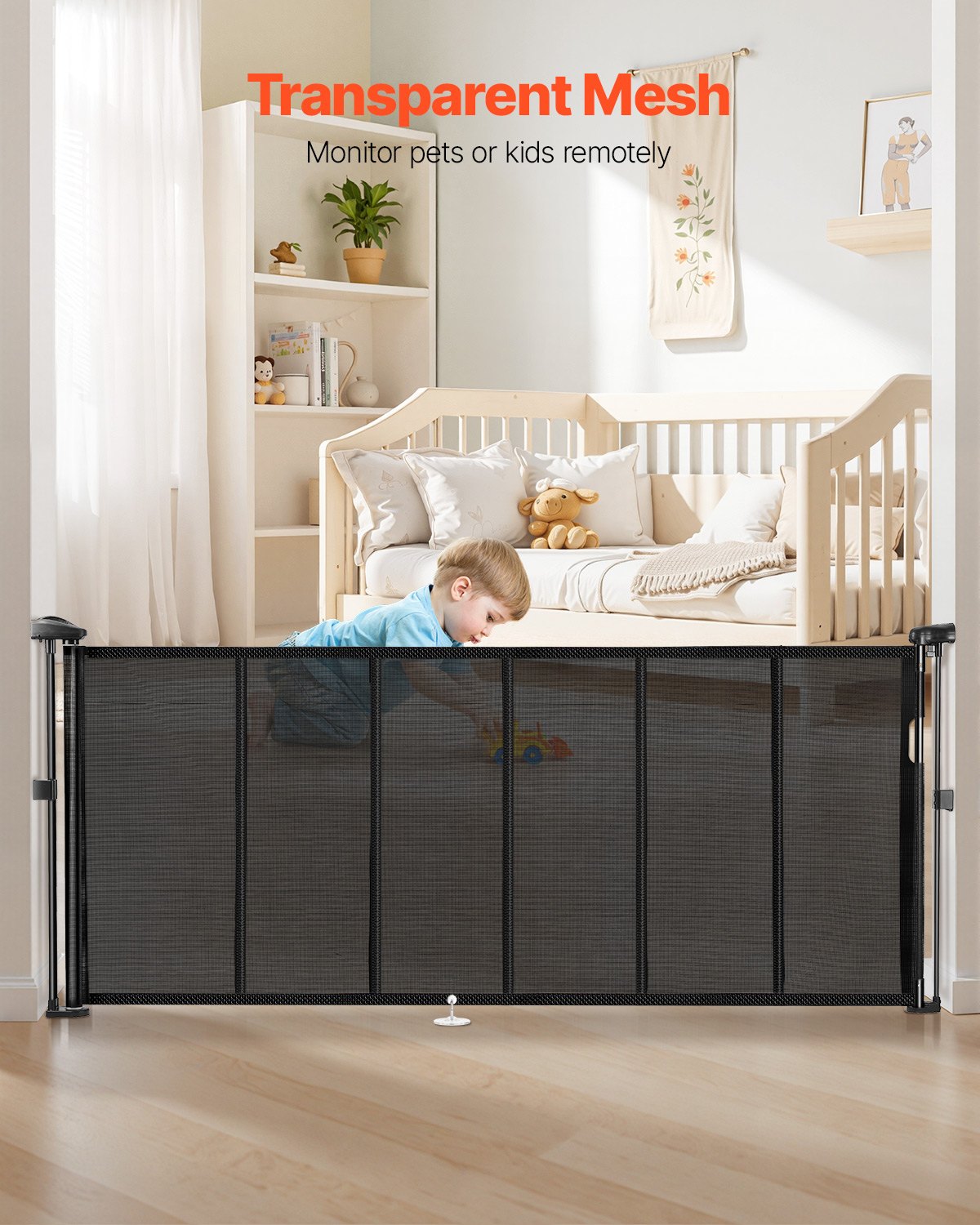 Extra-wide retractable baby gate extending across an 1800mm open-plan archway