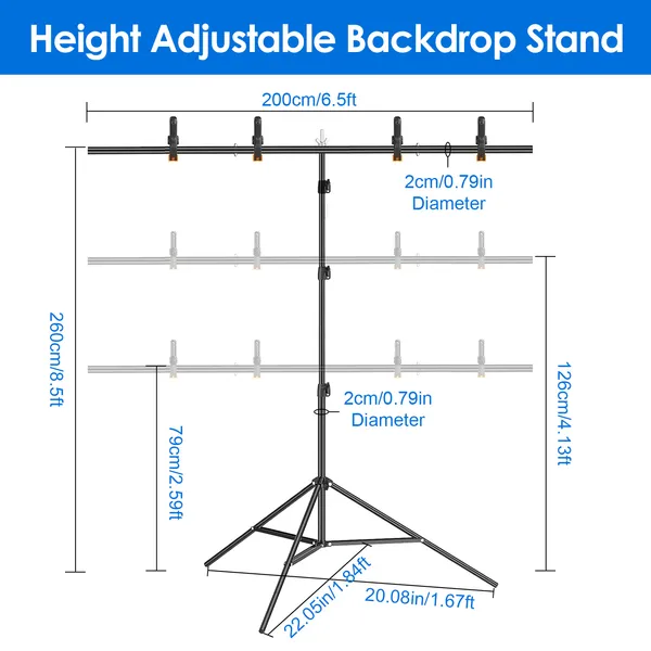 6.5×8.5FT T-Shape Photo Video Backdrop Stand Heavy Duty Background Stand Adjustable Photography Backdrop Stand With 6 Spring Clamps Sandbag Carry Bag For Studio Party Wedding