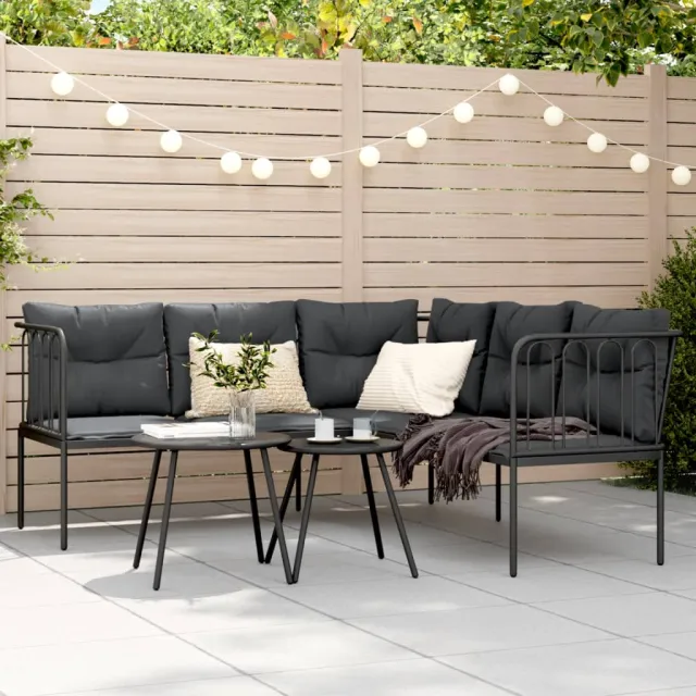L shaped garden sofa with cushions, black, steel and textilene - Shop at LoveMi