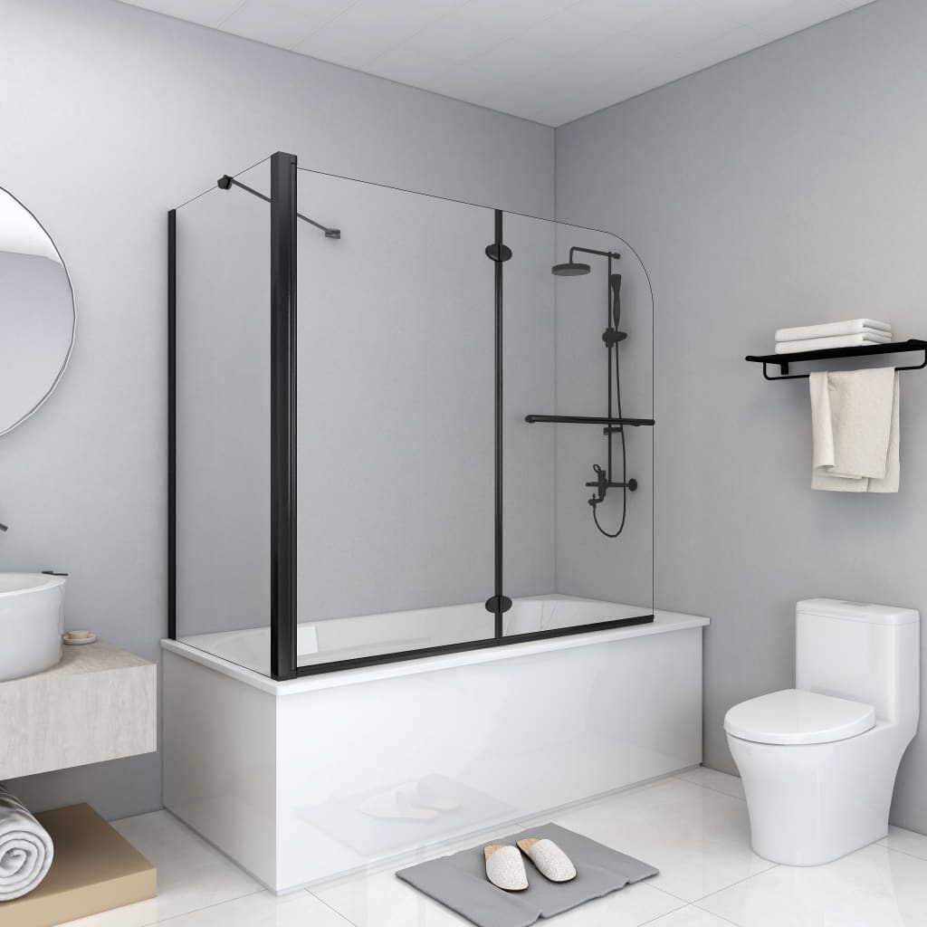   Bathtub Screen, 2-Way Foldable, Tempered Safety Glass, 120x68x130 cm, Black