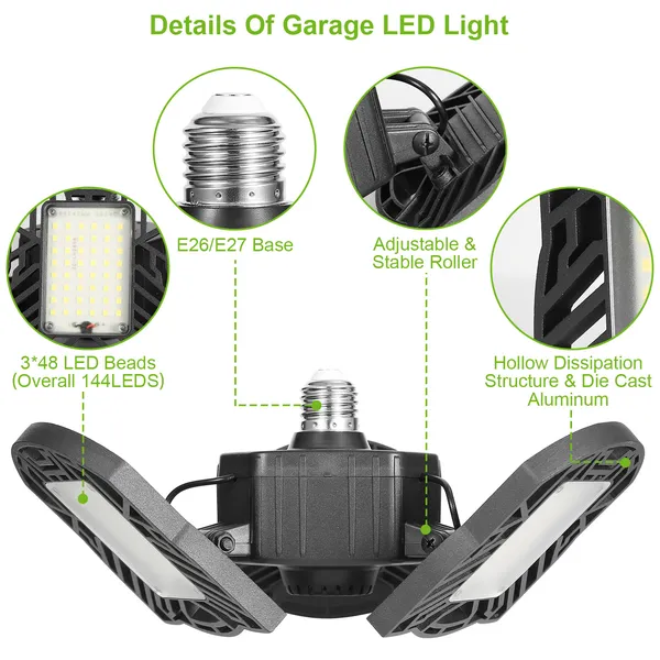 LED Garage Light, IMounTEK E26/E27 80W 7000LM 6500K Garage Ceiling Light Deformable Workshop Lamp LED Ceiling Light Bulbs