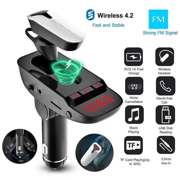 Car FM Transmitter W Wireless Earpiece 2