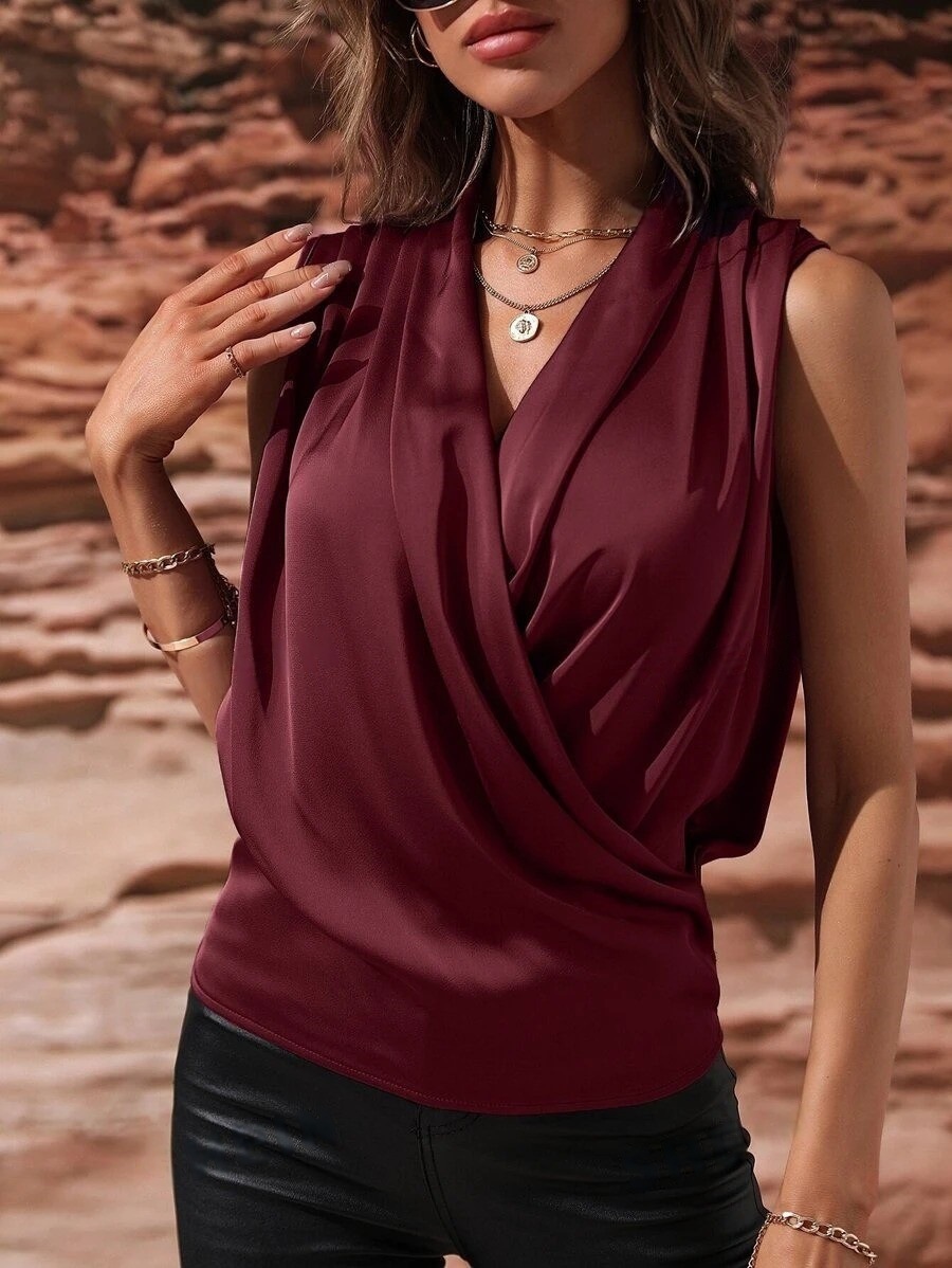 Sleeveless Satin Shirt, Pleated Vest, Sexy Blouse