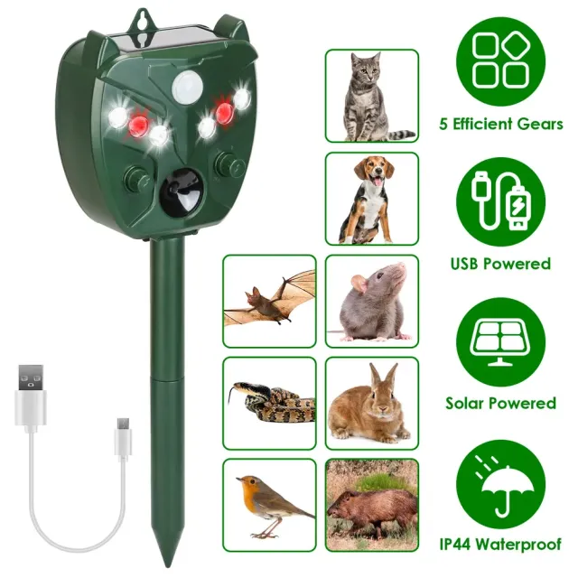 Ultrasonic Solar Animal Repeller Outdoor Mole Snake Squirrel Mouse Chaser Waterproof Bird Deer Dog Cat Deterrent With 5 Gears For Farm Garden Yard ... Green - Shop at LoveMi