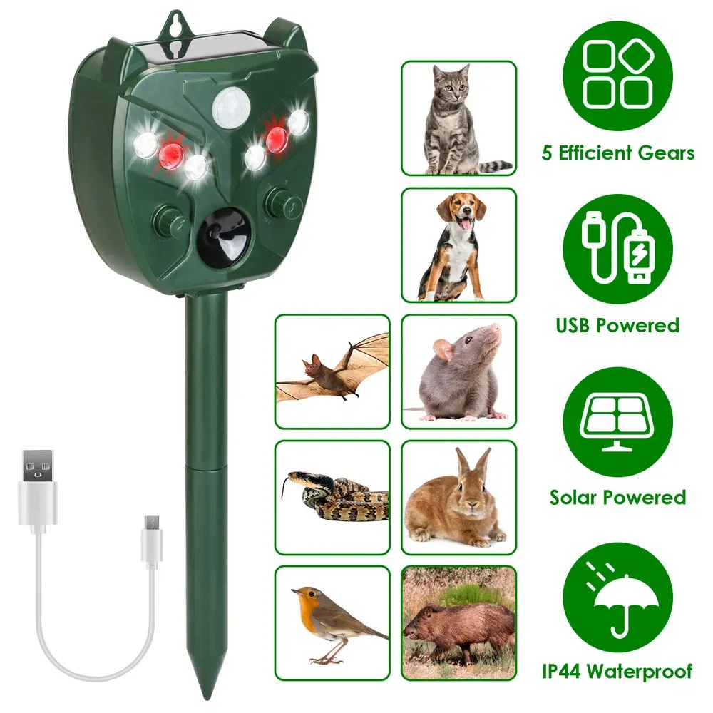 Ultrasonic Solar Animal Repeller Outdoor Mole Snake Squirrel Mouse Chaser Waterproof Bird Deer Dog Cat Deterrent With 5 Gears For Farm Garden Yard ...
