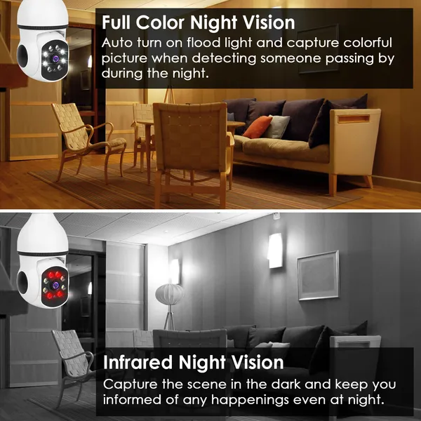E27 WiFi Bulb Camera 1080P FHD WiFi IP Pan Tilt Security Surveillance Camera With Two-Way Audio Full Color Night Vision Flood Light Motion Tracking Siren Function APP Control