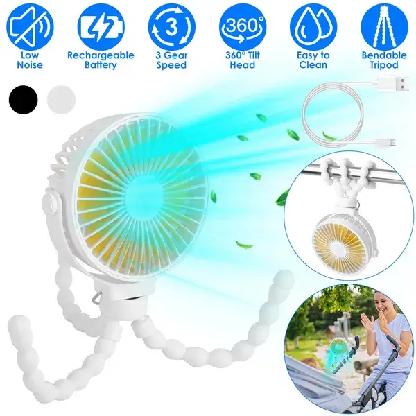 Portable Baby Stroller Fan Rechargeable Handheld Fan With Flexible Tripod Clip On Desktop Hanging Fan 3 Gear Speed With Tilt Head