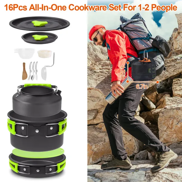 16Pcs Camping Cooking Ware Set Camping Stove Cookware Kit Aluminum Pot Pan Kettle Set With Bowls Knife Fork Spoon Carabiner Spatula Cutting Board For Hiking Picnic Outdoor — foto 5